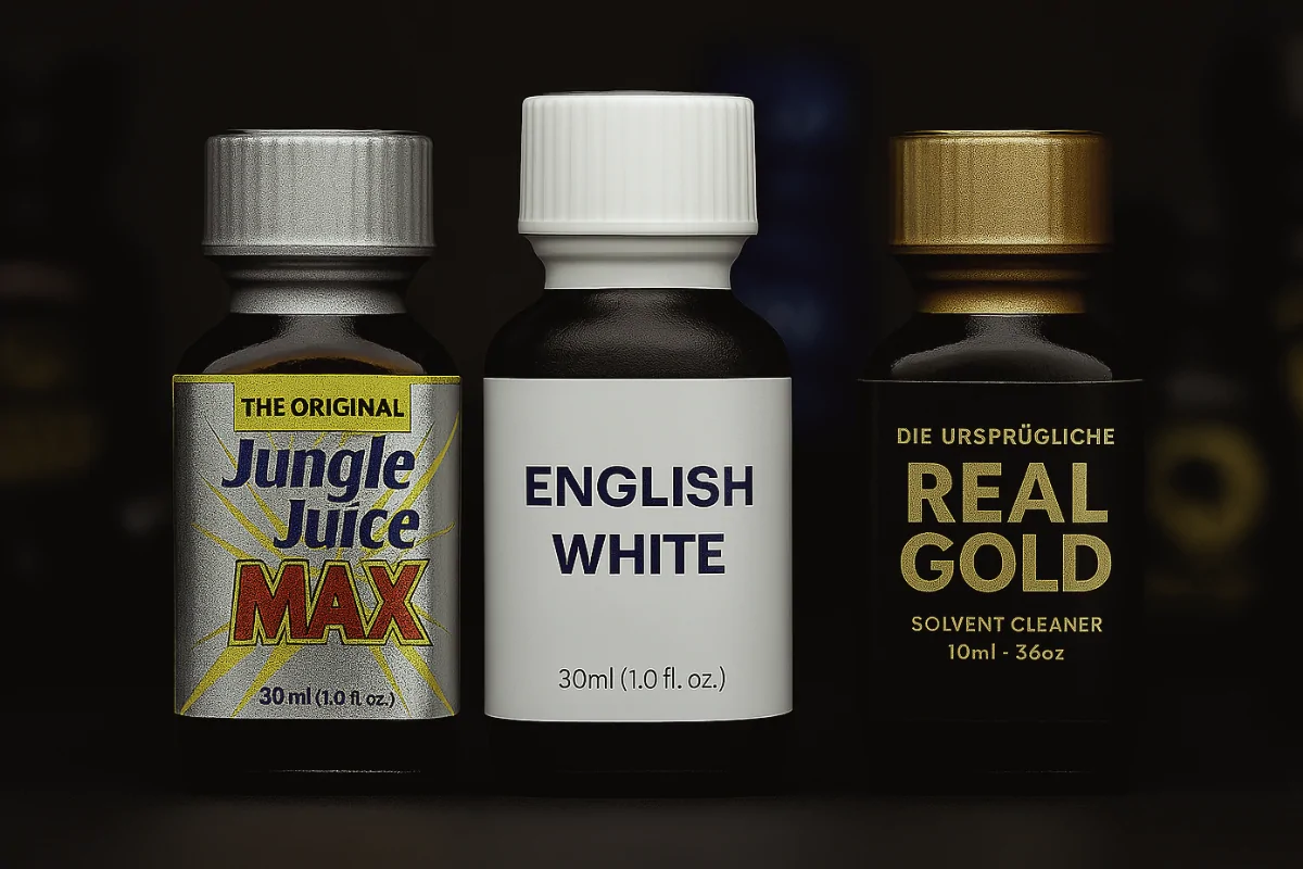 3 chai poppers thơm gồm Jungle Juice Max, English White và Real Gold – phù hợp cho người mới, mùi dễ chịu, không gây nhức đầu.
