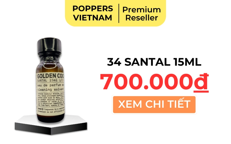 Hình ảnh chai poppers Golden Cock 34 Santal 15ml – sản phẩm có mùi ấm dịu nhẹ, phù hợp với người nhạy cảm về mùi.