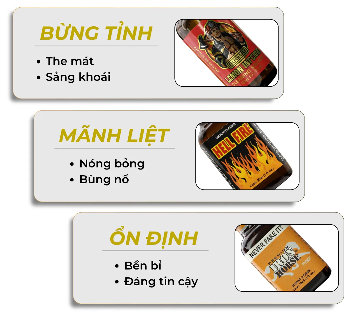 Hướng dẫn nhanh cách chọn poppers phù hợp cho Nam: Lemon Inferno 15ml - dùng khi muốn 'đổi gió' bằng sự sảng khoái, mới lạ; Hell Fire 30ml - Dùng khi muốn một đêm cháy bỏng, đam mê tột đỉnh; Inron Horse 30ml - Dùng khi cần sự tự tin và một kết quả 'chắc chắn'