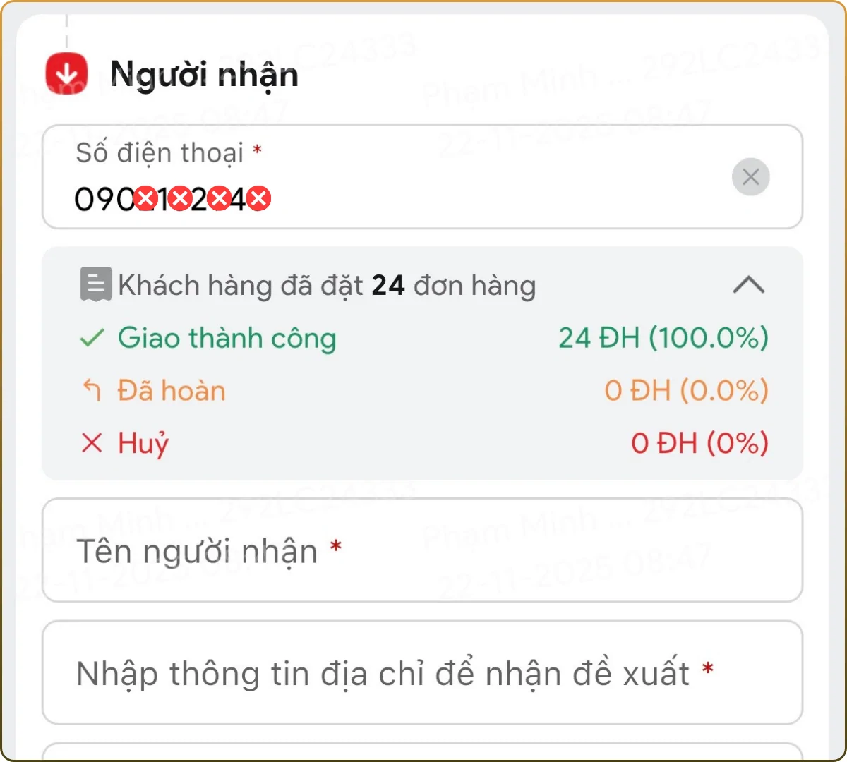Hình minh hoạ 1 số điện thoại (che thông tin) đã được gửi hàng nhiều lần trên ứng dụng của J&T Express. Hệ thống giao hàng báo tỉ lệ nhận 24 đơn (100%) và không có bất kỳ thông tin rủi ro nào (huỷ/ hoàn).