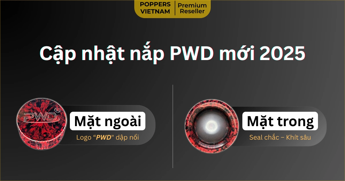 Nắp PWD của poppers Super Rush 30ml chính hãng Mỹ 2025 – Logo "PWD" dập nổi, seal chắc khít sâu