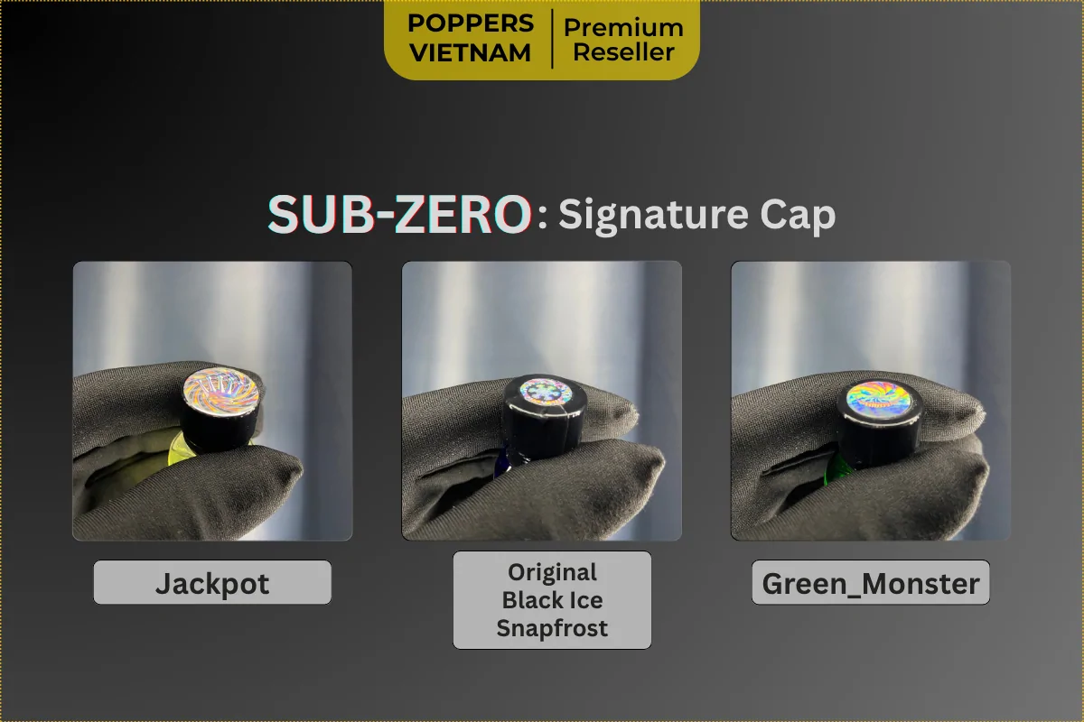 Hình minh hoạ là 2 nắp chai của thương hiệu Sub-Zero từ Mỹ. Logo có màu sắc và họa tiết rất nổi bật (hiệu ứng 7 màu, hologram...), thay đổi tùy theo từng dòng sản phẩm như Jackpot, Green Monster,...