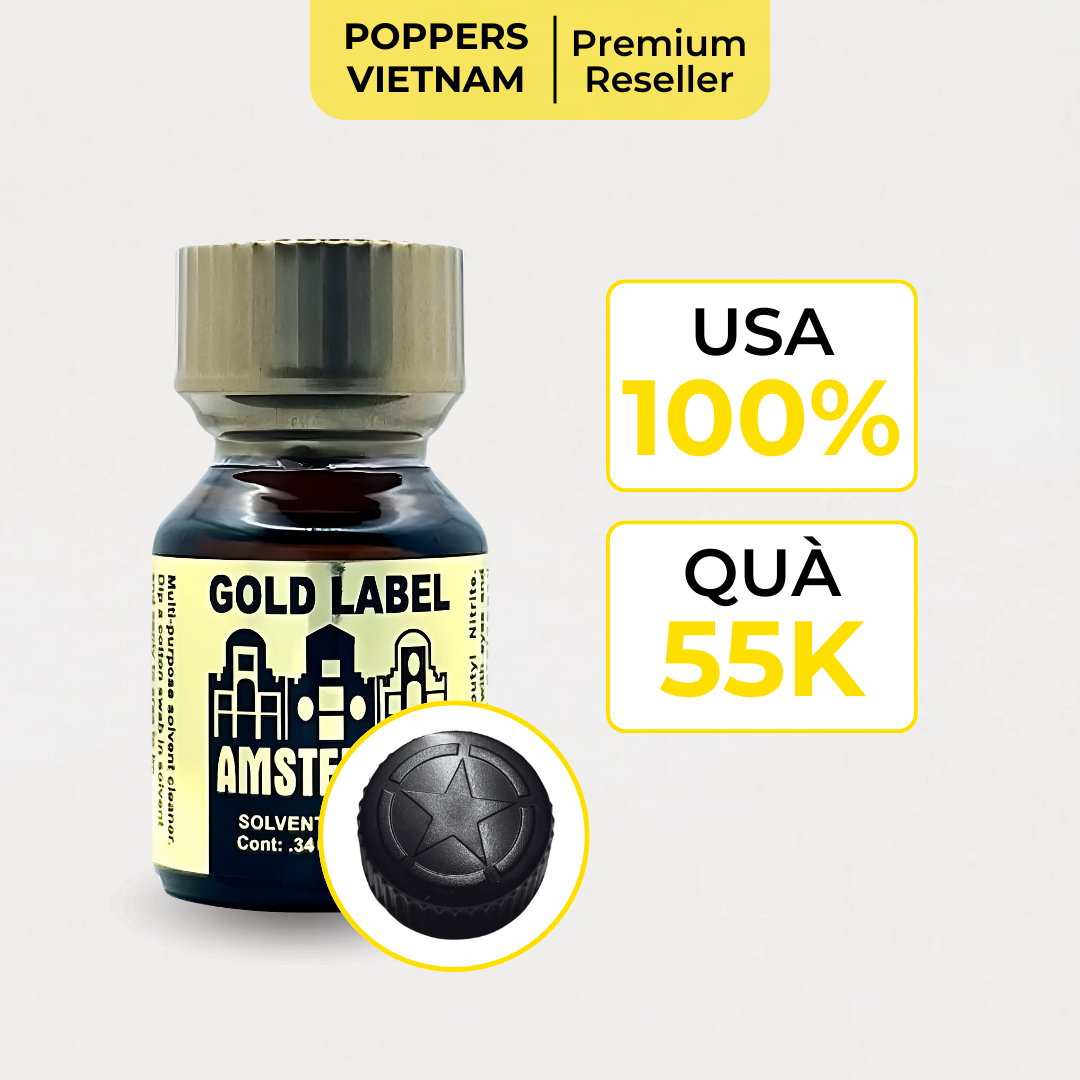 Chai popper Gold Label Amsterdam 10ml chính hãng từ Mỹ, kèm quà tặng trị giá 55K, nổi bật với nắp đen có hình ngôi sao dập nổi được thiết kế đặc trưng.