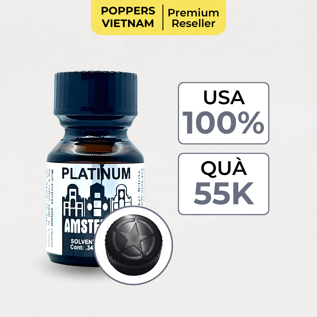 Chai popper Amsterdam Platinum 10ml chính hãng từ Mỹ, kèm quà tặng trị giá 55K, nổi bật với thiết kế nắp đen được dập nổi hình ngôi sao tinh tế.