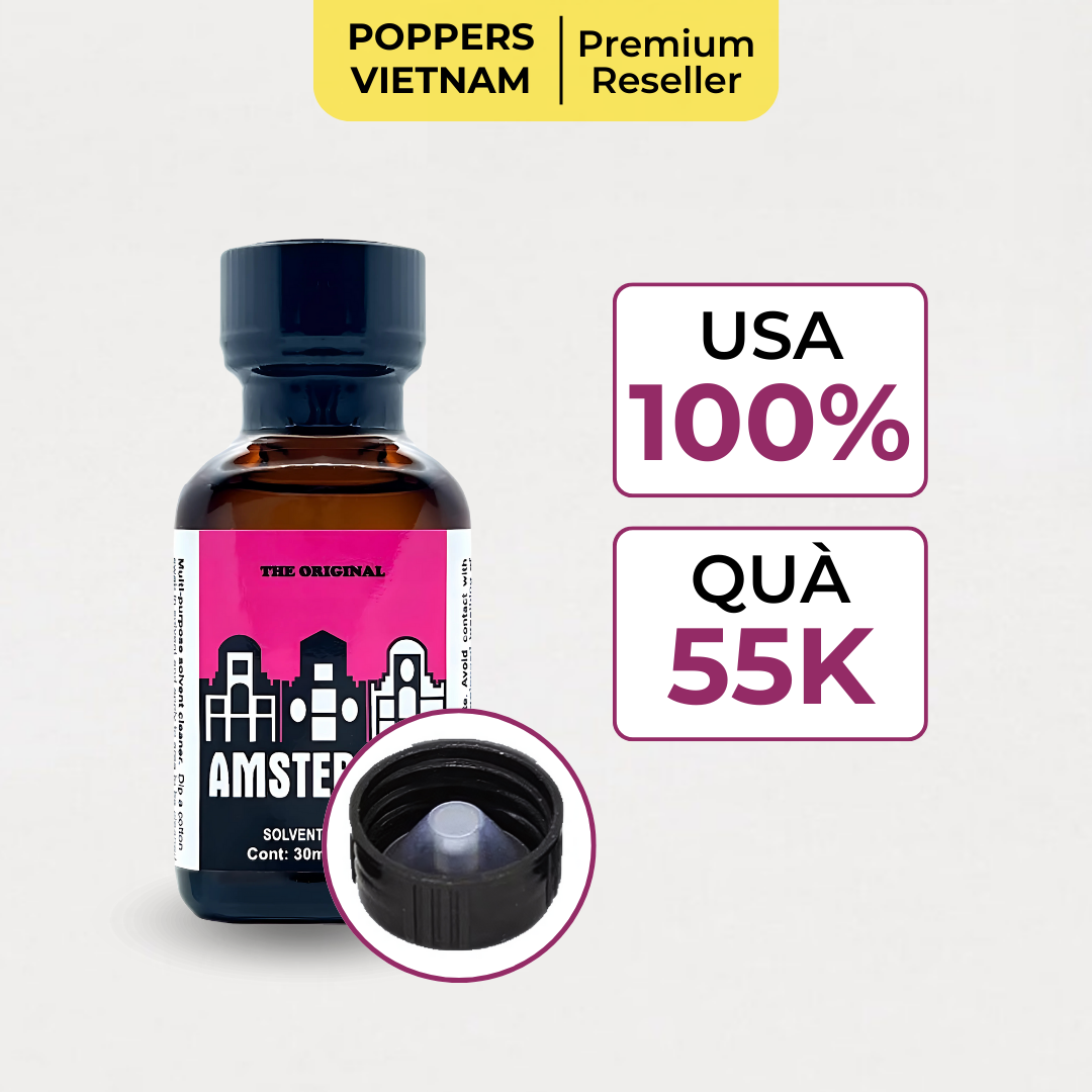 Chai popper Amsterdam 10ml chính hãng từ Mỹ, kèm quà tặng trị giá 55K, nổi bật với thiết kế màu tím hồng độc đáo và nắp đen hai lớp sang trọng.