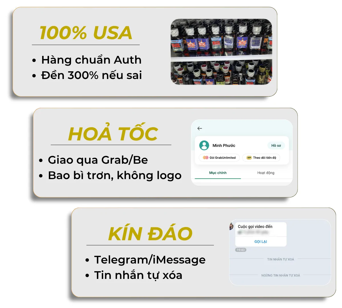 Hình ảnh thể hiện 3 cam kết của Poppers Việt Nam, không những trên toàn chi nhánh, Bắc từ Liêm vẫn có: Cam kết 100% hàng chính hãng Mỹ, Giao hàng hoả tốc qua Grab-Be và bảo mật thông tin khách hàng kín đáo qua nền tảng Zalo, Telegram,... và các công cụ hiện đại khác.