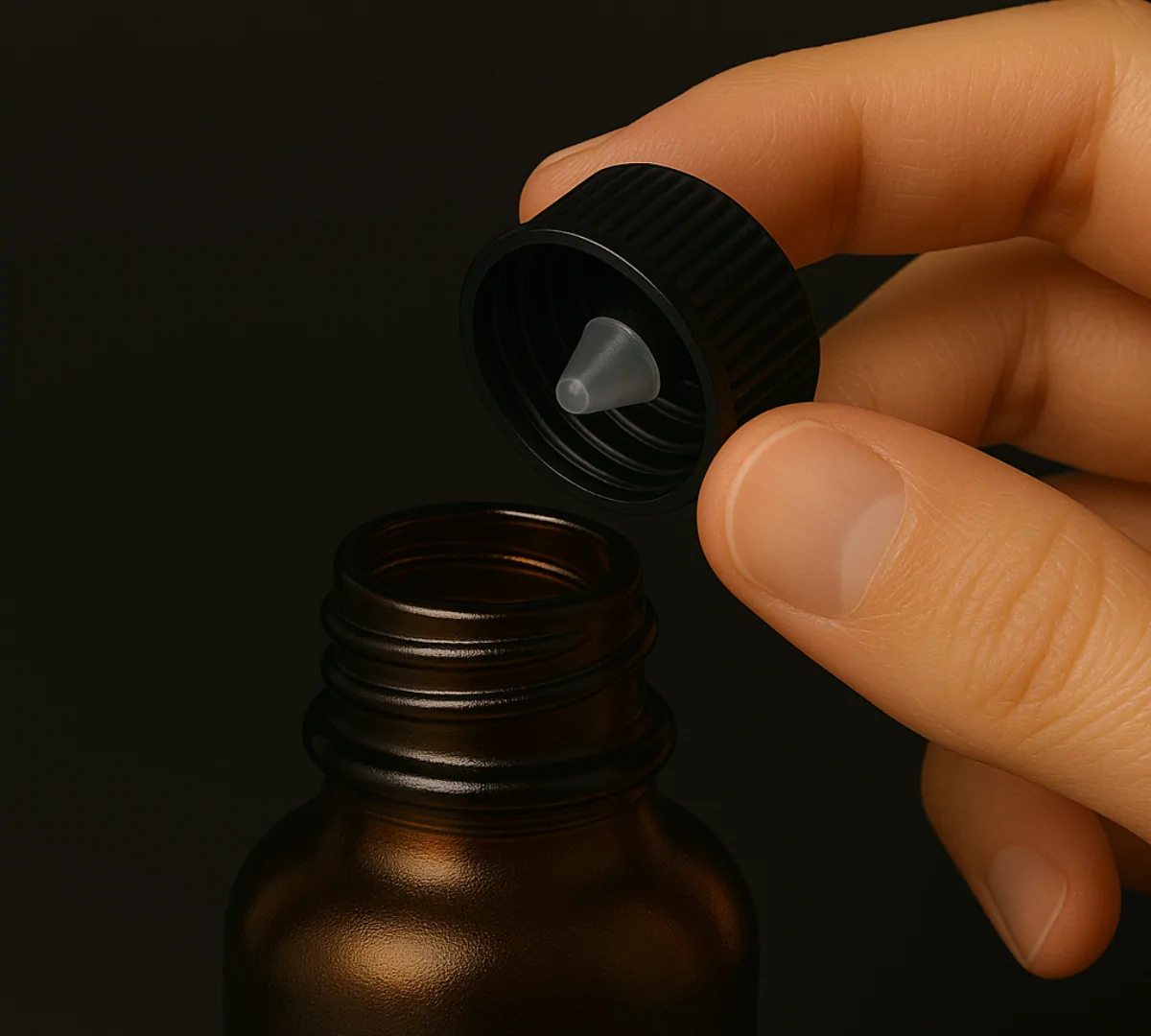 Ngón tay đang mở nắp lọ poppers, lộ phần van chống tràn bên trong – chuẩn bị sử dụng khi cơ thể đã sẵn sàng.