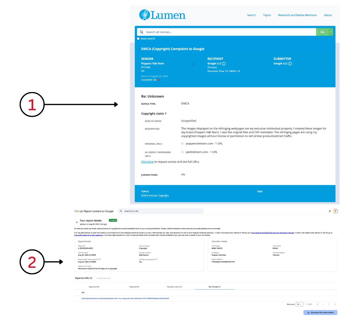 Ảnh chụp màn hình Lumen Database & Bảng điều khiển Google Report Content (Report ID: 6-3390000040951) chứng minh pwdvietnam.com ăn cắp hình ảnh của Poppers Việt Nam và bị Google trừng phạt.