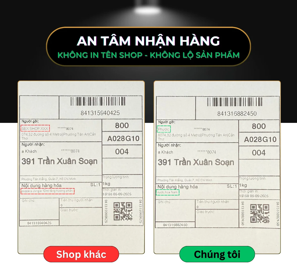 Hình ảnh minh hoạ bill vận chuyển (J&T) kín đáo gửi khách hàng của Poppers Việt Nam. Trong đó tên người gửi là cá nhân và tên sản phẩm được đổi thành "nước hoa Nam".