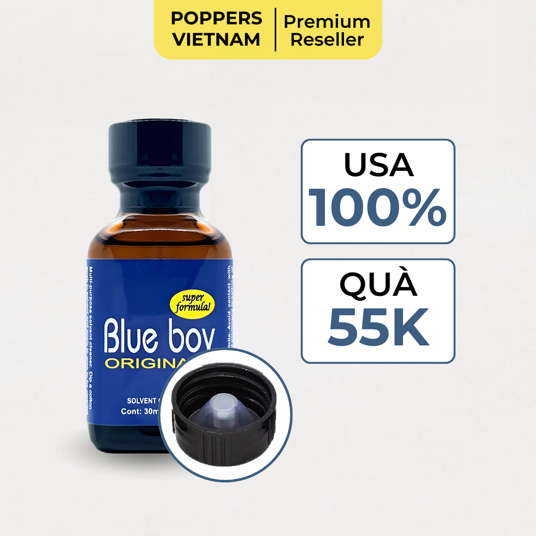 Chai popper Blue Boy Original 30ml từ Mỹ, công thức đặc biệt ‘Super Formula,’ kèm quà tặng trị giá 55K, thiết kế màu xanh đậm và nắp đen hai lớp đặc trưng.