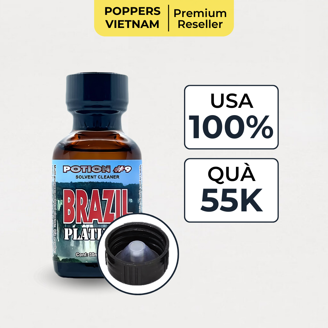 Chai popper Brazil Platinum Potion #9 30ml, chính hãng từ Mỹ, thiết kế nắp đặc biệt kèm quà tặng trị giá 55K.