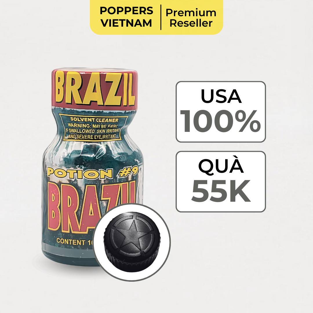 Chai popper Brazil Potion #9 10ml, sản phẩm chính hãng từ Mỹ, nổi bật với thiết kế mạnh mẽ và nắp đen được dập nổi hình ngôi sao đặc trưng, kèm quà tặng trị giá 55K.