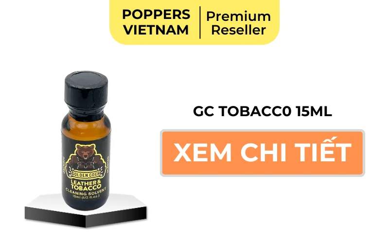 Nút button xem chi tiết chai popper Golden Cock Leather & Tobacco 15ml.