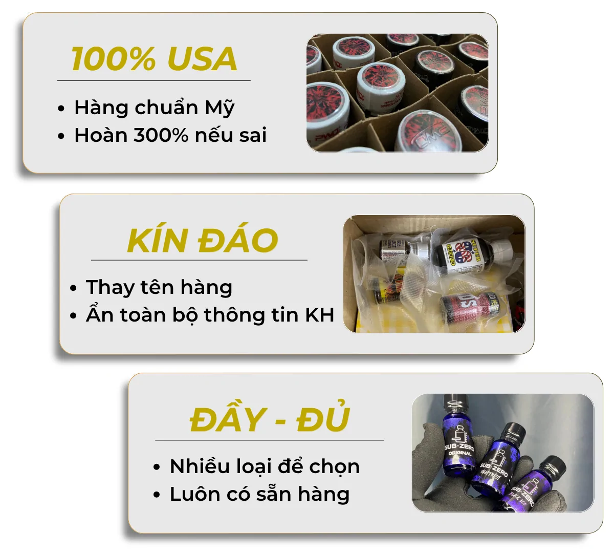 Poppers Việt Nam cam kết hoàn 300% nếu sản phẩm không đúng mô tả – Chính hãng, kín đáo, đầy đủ hàng