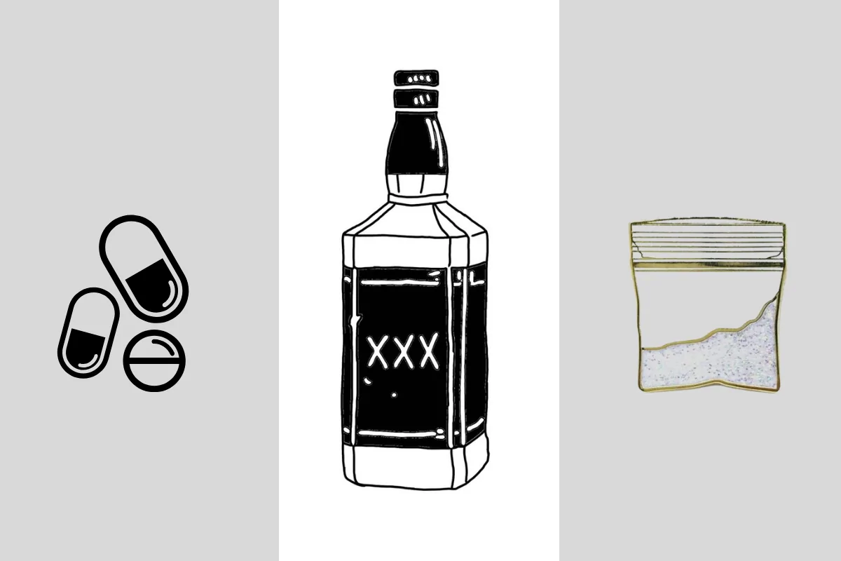 Hình ảnh thể hiện 3 nhóm chất cực kỳ nguy hiểm khi dùng chung với poppers: Thuốc cường dương (dạng uống), đồ uống có cồn và các chất thần kinh cực mạnh.