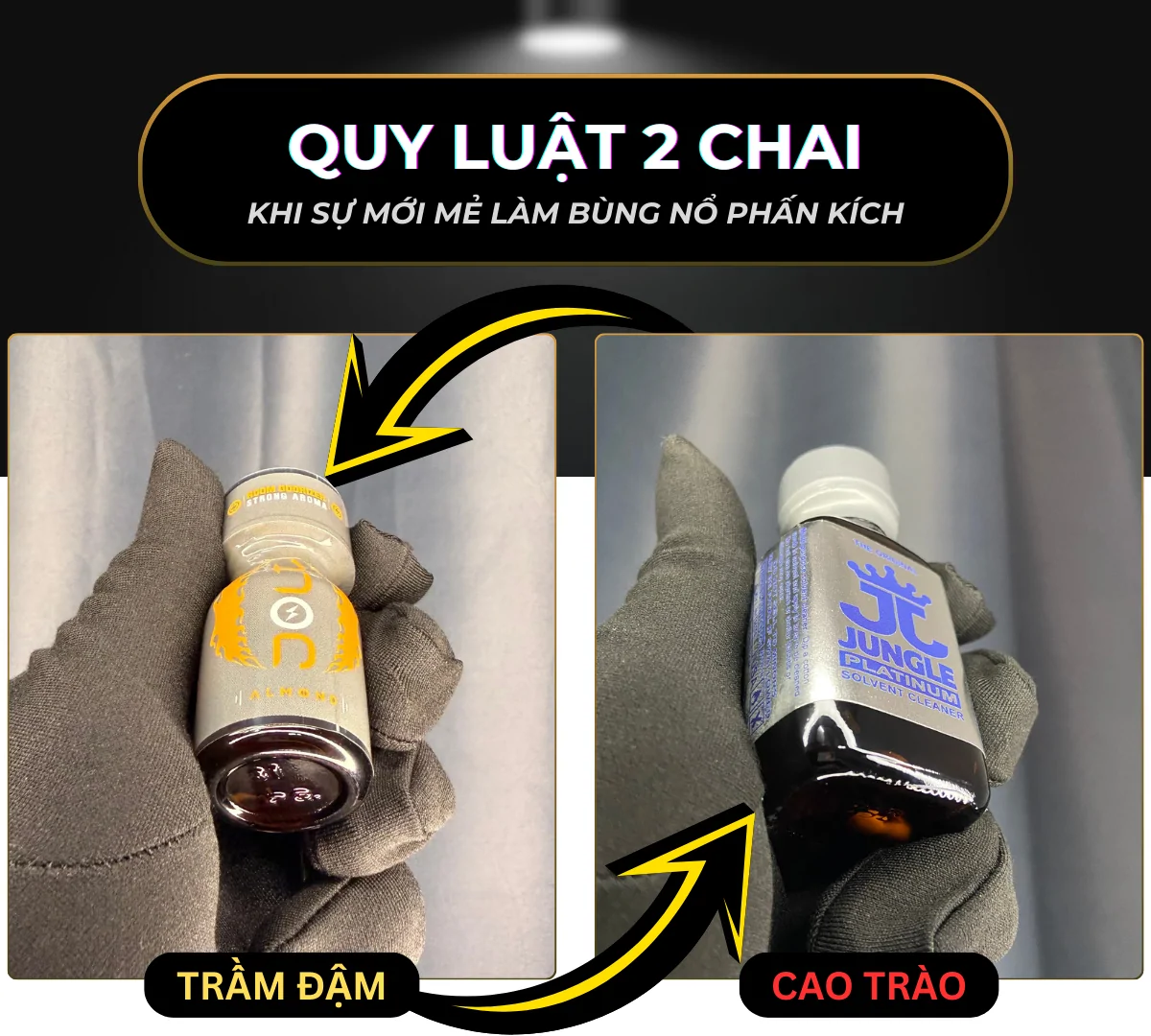 Hình ảnh là 2 chai popper Jolt Amond (mùi hương trầm) và Jungle Platinum 30ml (tạo cảm giác bốc mạnh) minh hoạ cho việc thường xuyên đổi mới trải nghiệm