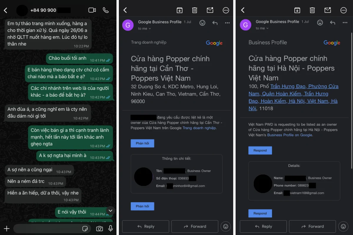 Tin nhắn đe dọa và email yêu cầu chiếm đoạt quyền sở hữu Google Maps của Poppers Việt Nam tại Hà Nội và Cần Thơ.