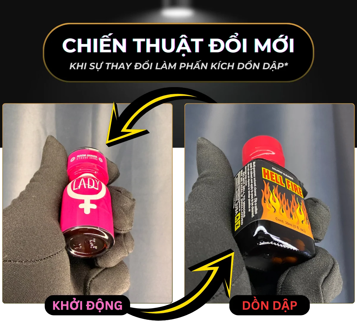 Hình ảnh là 2 chai popper Jolt Lady và Hell Fire gợi ý cho việc luôn đổi mới sản phẩm để tránh nhàm chán và tìm được chai popper hợp với mình nhất.