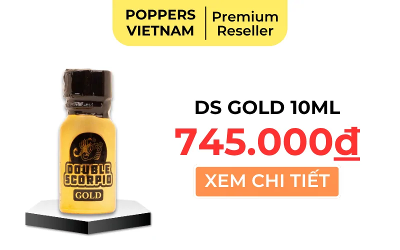 Hình ảnh chai poppers Double Scorpio Gold 10ml – sản phẩm có mùi đu đủ chín nhẹ, phù hợp với người nhạy cảm về mùi.