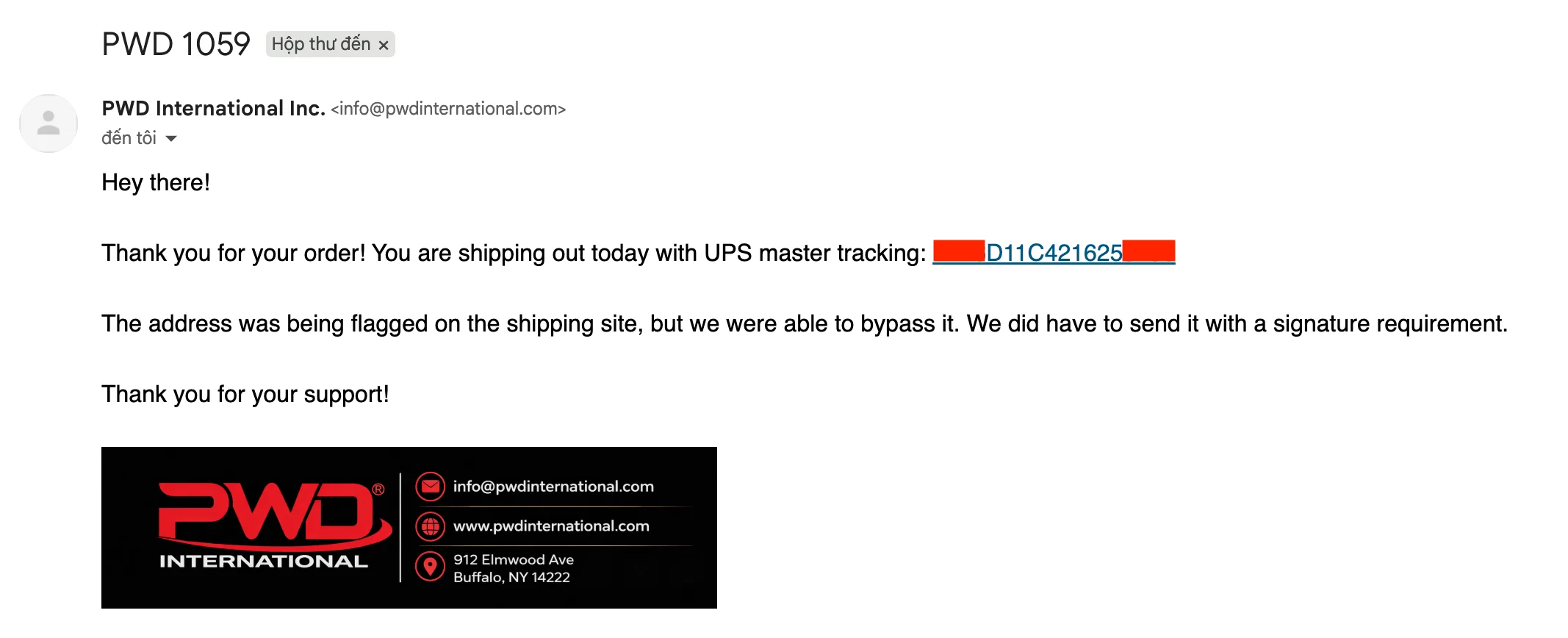 email xác nhận đơn và vận đơn của PWD International, đã che thông tin nhạy cảm