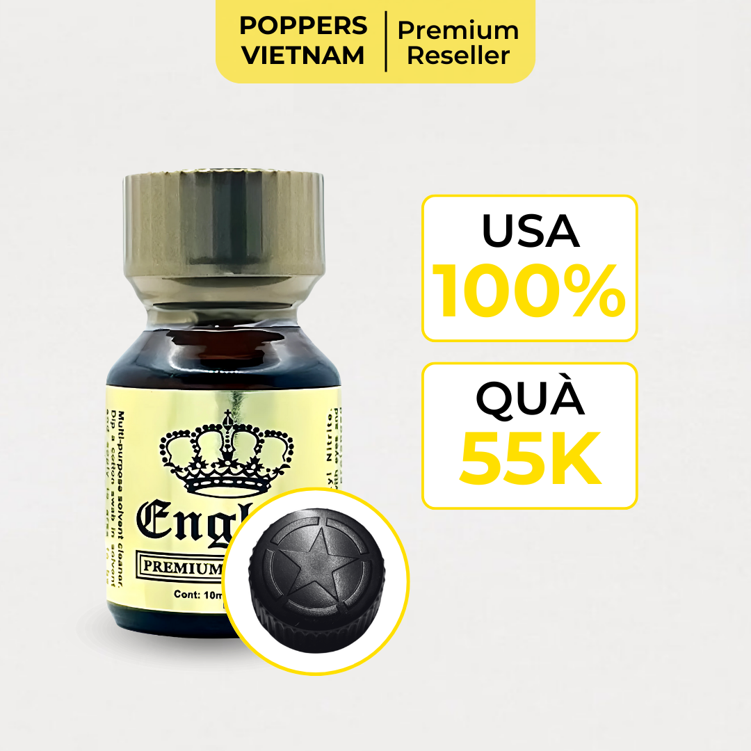 English Gold USA Popper 10ml với thiết kế chai sang trọng, thuộc dòng Premium Formula. Sản phẩm 100% từ Mỹ, kèm theo quà tặng trị giá 55K.