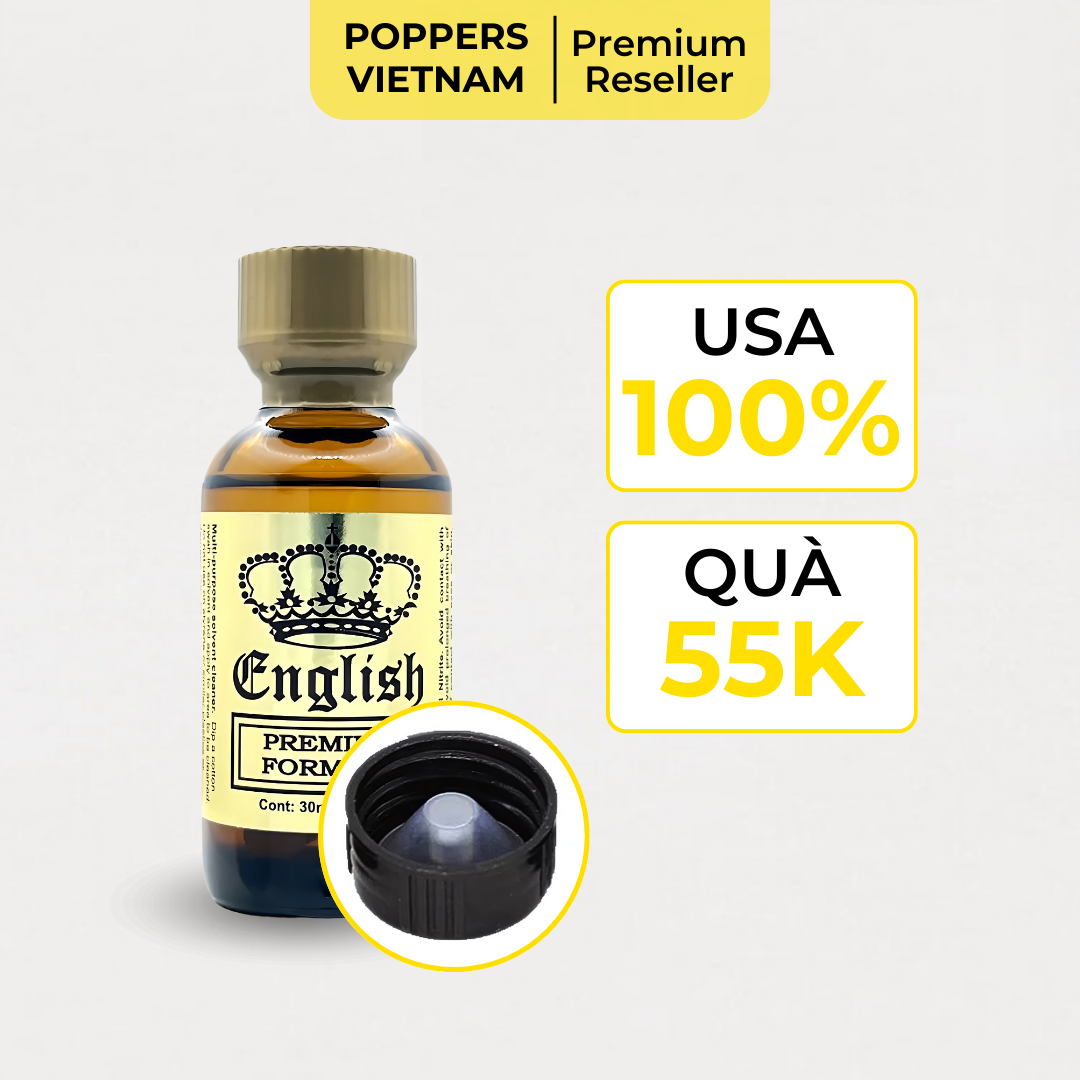 English Gold USA Popper 30ml với thiết kế chai sang trọng, thuộc dòng Premium Formula. Sản phẩm 100% từ Mỹ, kèm theo quà tặng trị giá 55K.