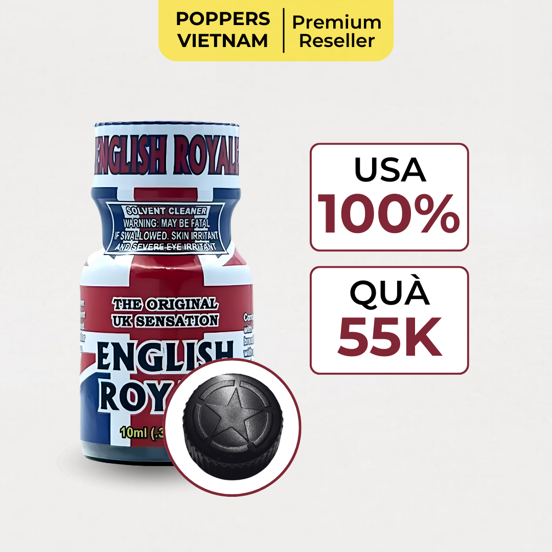 English Royal USA Popper 10ml với thiết kế ấn tượng theo phong cách quốc kỳ Anh, sản phẩm chuẩn Mỹ 100%, kèm quà tặng trị giá 55K.