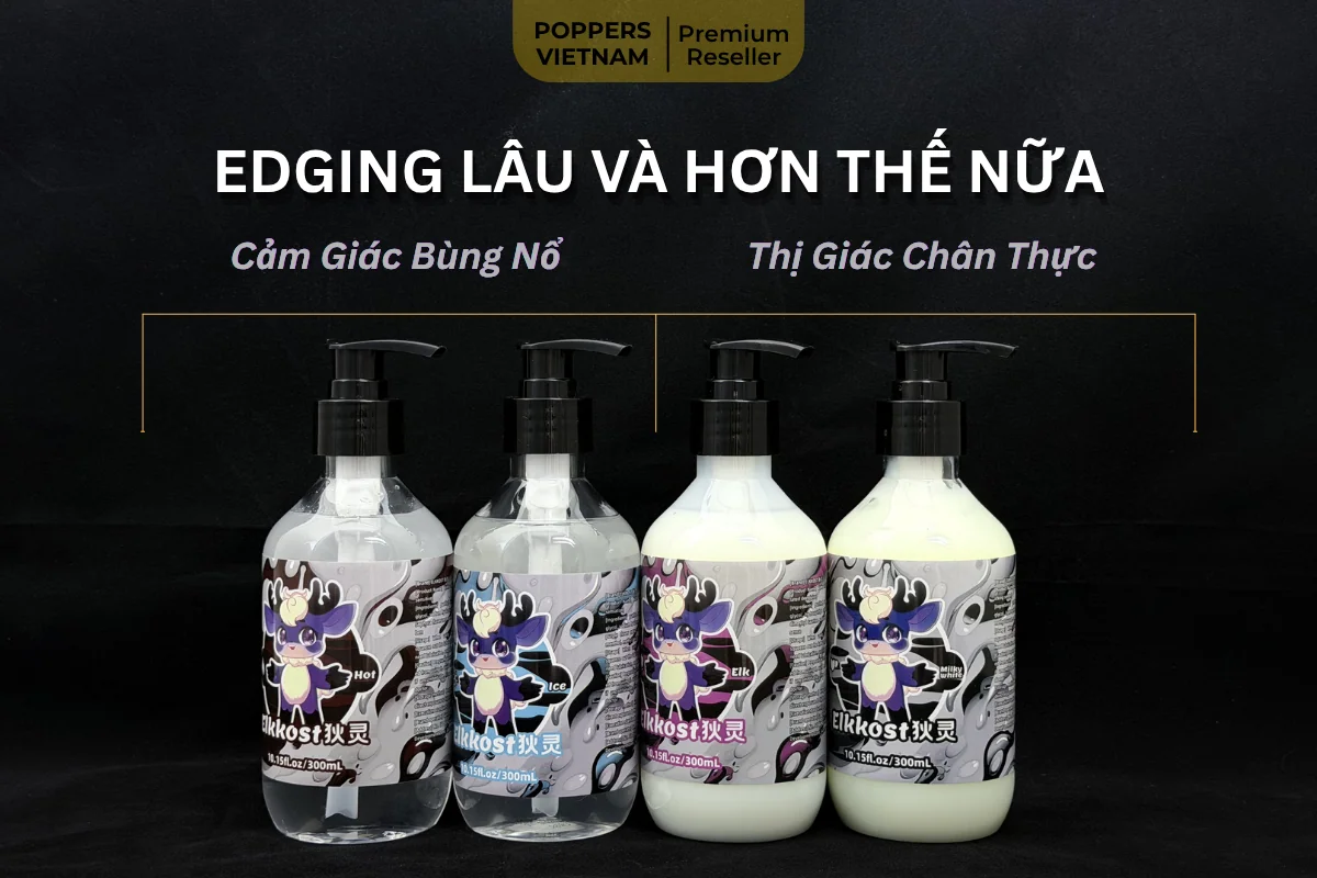 Hình ảnh là 4 dòng gel bôi trơn của Elkkost: Lạnh, Ấm, Trắng đục và Có mùi như tinh dịch.