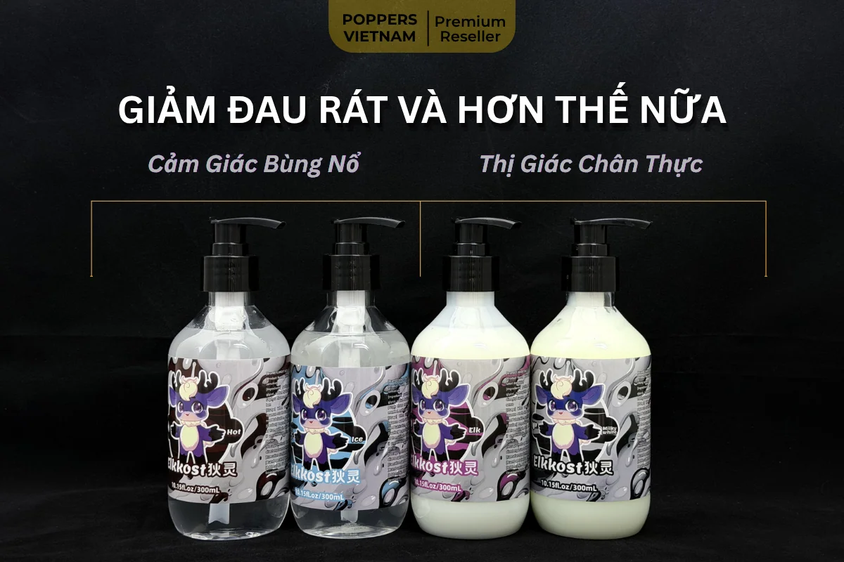 Hình ảnh là 4 chai gel gốc nước thuộc thương hiệu Elkkost.