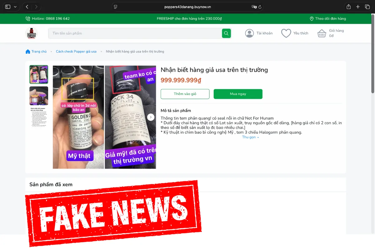 Hình ảnh được Phạm Minh Phước chụp màn hình website của đối thủ: họ cắp ghép hình ảnh gốc, xuyên tạc và bôi nhoạ thương hiệu Poppers Việt Nam. Hình ảnh thể hiện 2 chai poppers Golden cock 34 Santal 15ml, chai bên trái của họ và chai bên phải của Poppers Việt Nam (được họ giữ nguyên logo và watermark kèm chữ "giả mỹ").