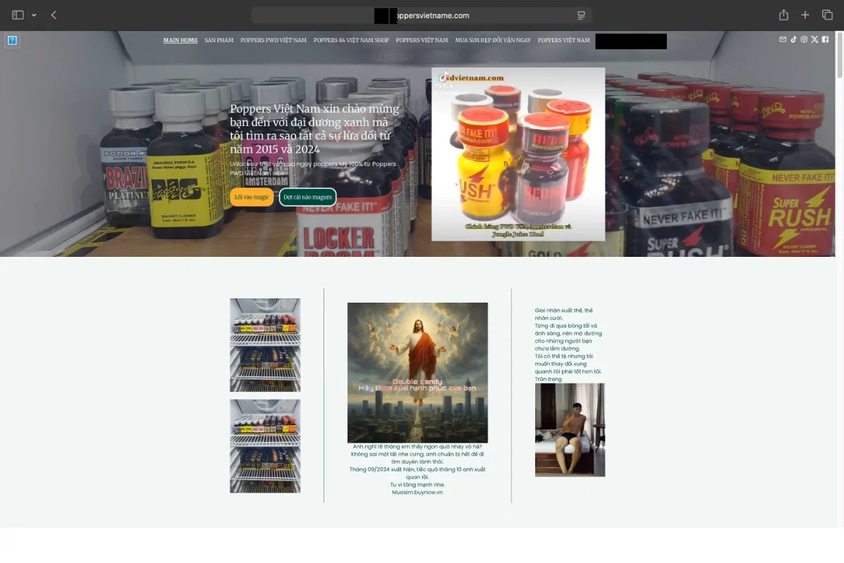 Giao diện website mạo danh thương hiệu của poppersvietnam.com - ảnh màn hình được chụp ngày 30/7/2025