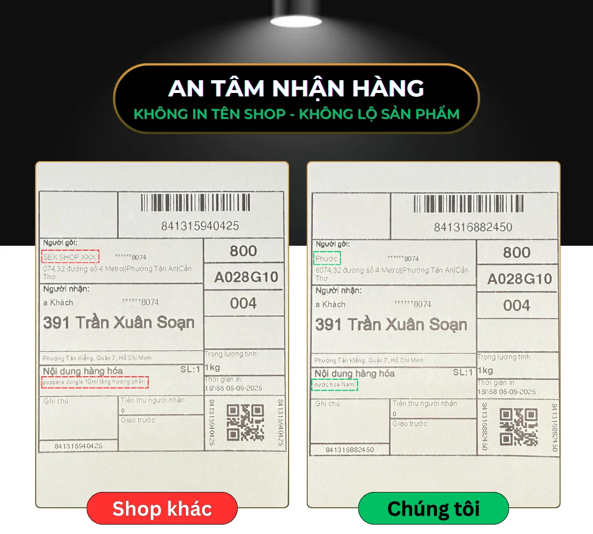 Hình ảnh bill vận chuyển J&T của Poppers Việt Nam thể hiện: Thay tên sản phẩm, Thay tên shop trên hộp