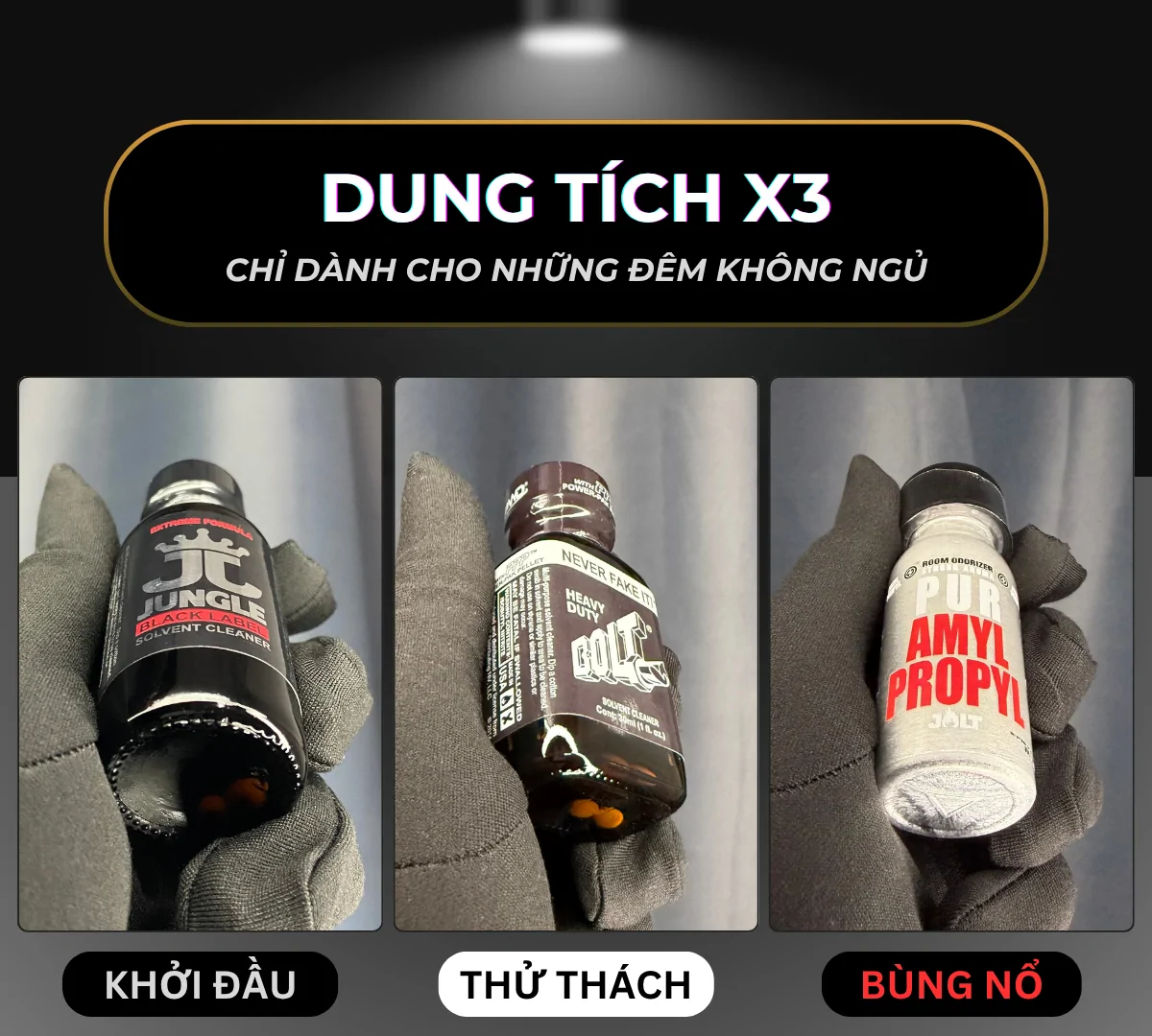 Hình ảnh là 3 chai poppers dành cho bot: Jungle Black, Bolt và Propyl Amyl