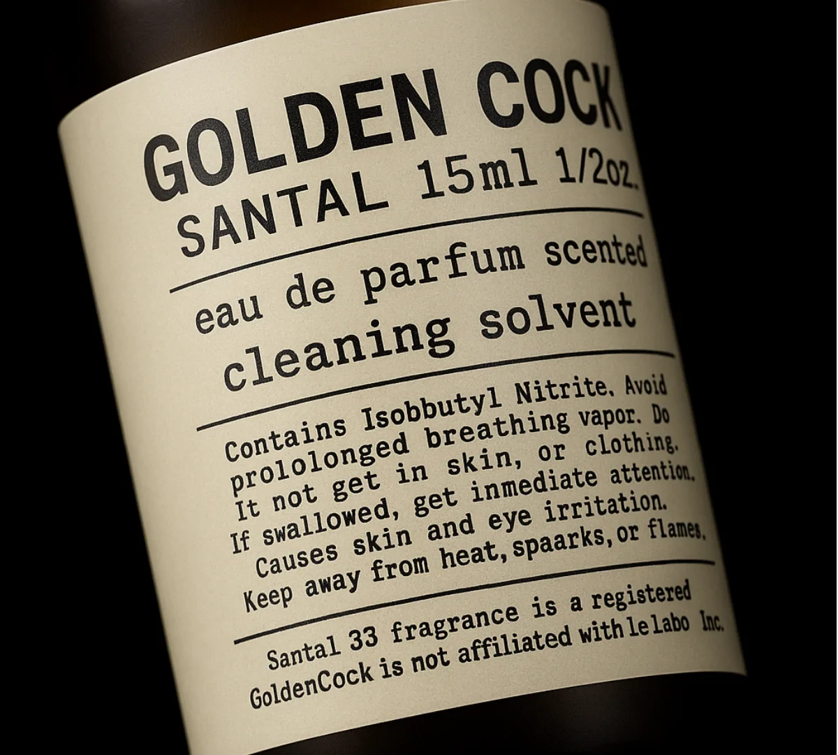Cận cảnh nhãn chai Golden Cock 34 Santal 15ml chính hãng Mỹ