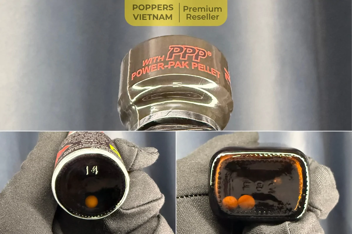 Ảnh chụp thực tế 3 chai poppers Rush Black thuộc thương hiệu PWD. Cổ chai 30ml có dòng chữ "Power-Pak Pellet" (PPP), Số lượng hạt hút ẩm màu trắng có trong chai 10ml là 1, trong chai 30ml là 2.