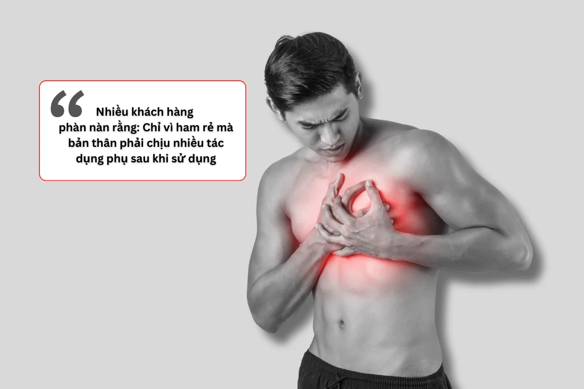 Người đàn ông ôm ngực đau đớn – minh họa tác hại tim mạch và sức khỏe khi dùng phải poppers trôi nổi kém chất lượng.