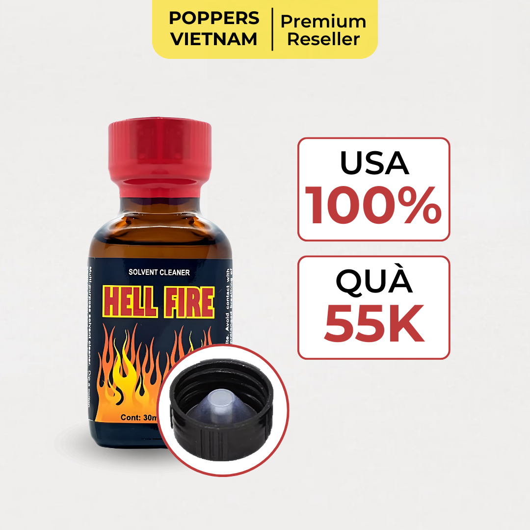 Hình ảnh chai Hell Fire USA Popper 30ml với thiết kế màn co và thông điệp “100% USA” cùng quà tặng trị giá 55K từ Poppers Việt Nam.