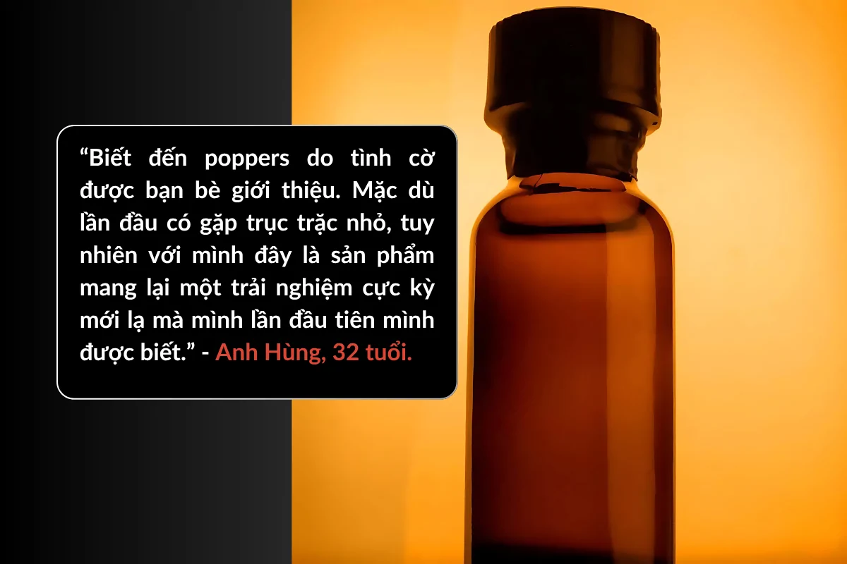 Hình ảnh trích dẫn nhận xét của khách hàng tên Hùng: Hiệu ứng của poppers có thể lạ với người dùng lần đầu tiên, tuy nhiên với anh ấy rất thú vị và đầy ấn tượng.