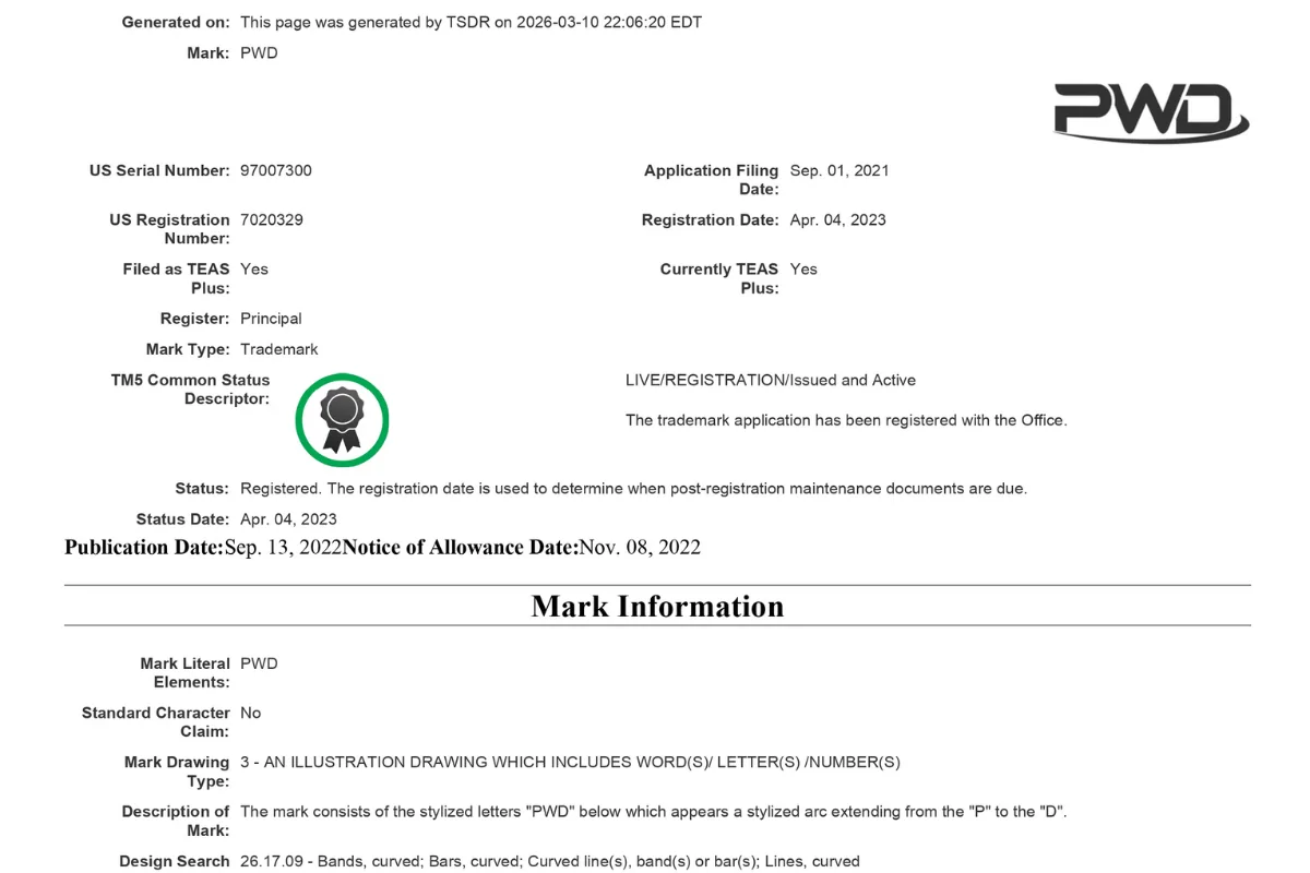 Hồ sơ đăng ký nhãn hiệu PWD trên hệ thống USPTO xác nhận ngày cấp phép 04/04/2023, làm cơ sở chứng minh các logo cũ là hàng giả mạo.