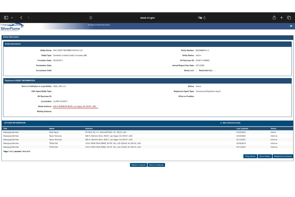 Ảnh chụp hồ sơ doanh nghiệp PAC-WEST DISTRIBUTING NV LLC trên cổng thông tin SilverFlume, xác nhận địa chỉ đại lý đăng ký tại 848 N RAINBOW BLVD, Nevada.