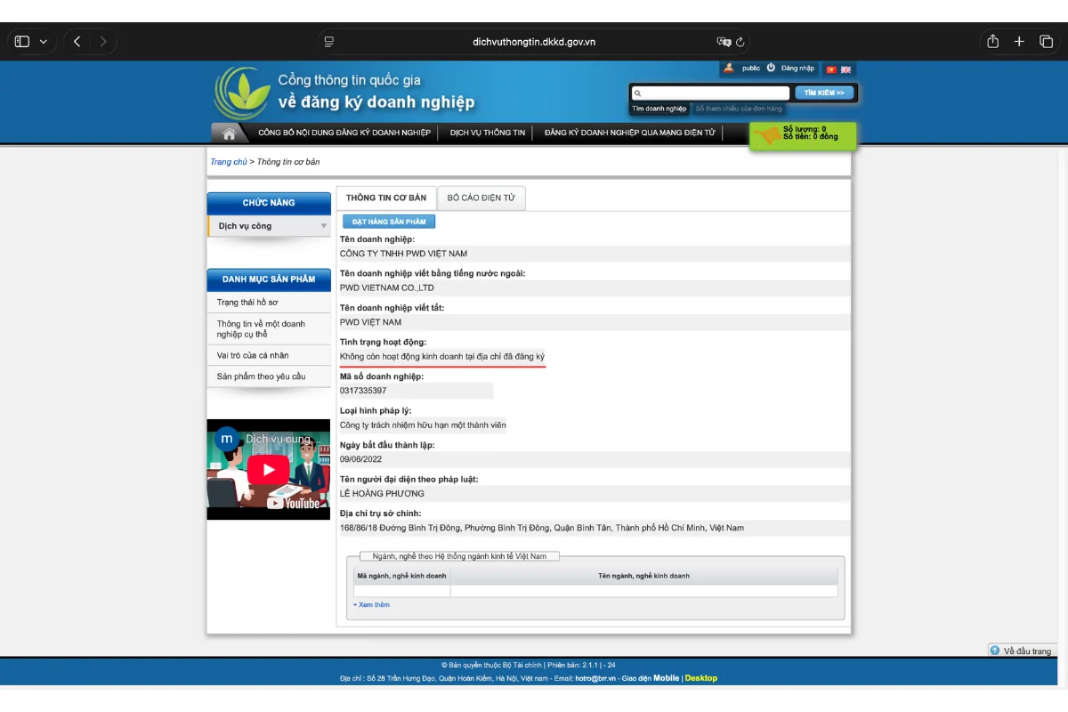 ảnh chụp từ Cổng thông tin quốc gia về đăng ký doanh nghiệp, chứng minh "CÔNG TY TNHH PWD VIỆT NAM" không còn hoạt động kinh doanh tại địa chỉ đã đăng ký