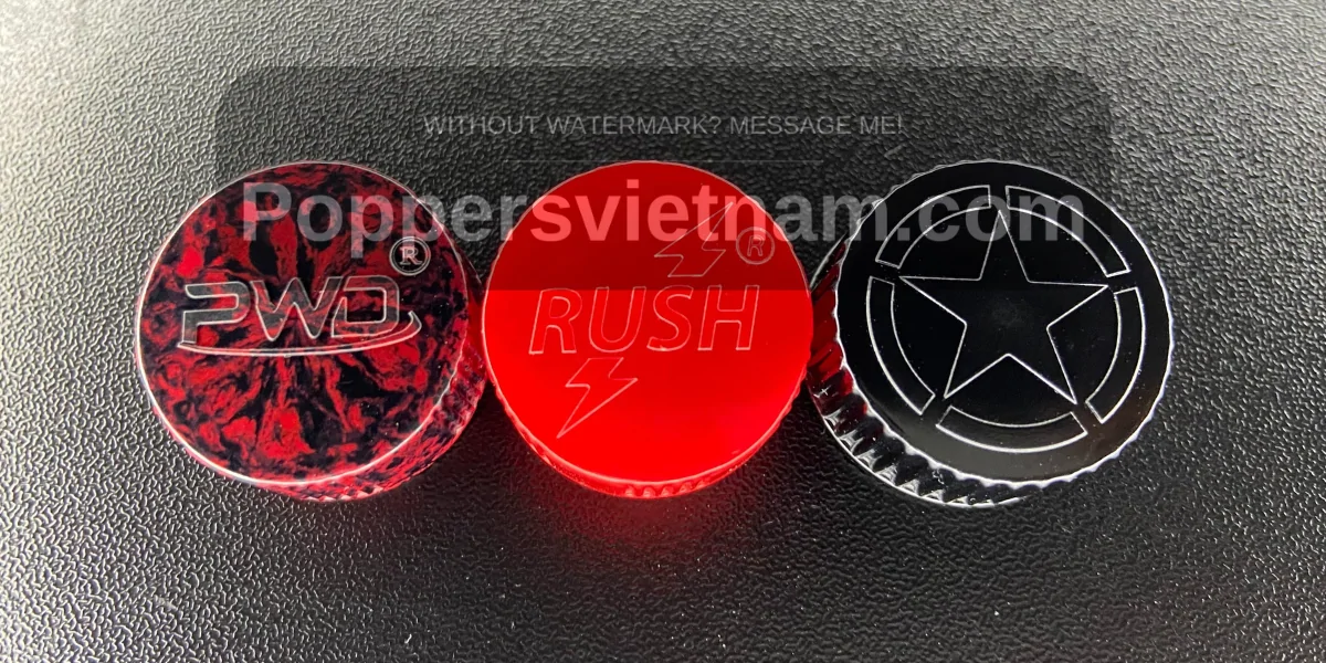 Close-up of three authentic poppers caps (PWD, Rush, Star) — practical tips to recognize genuine products and avoid fakes in Vietnam.