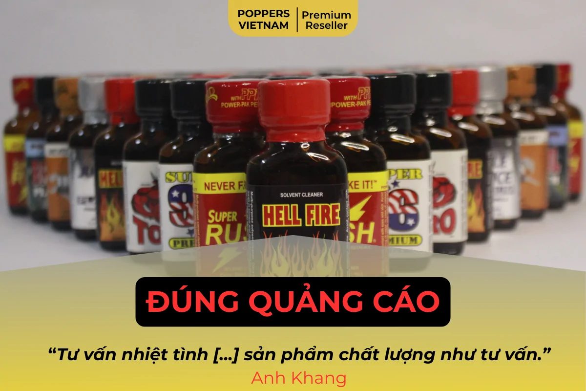 Hình ảnh trích dẫn khách du lịch tại Đà Nẵng (Anh Khang) đánh giá trên Google Maps của Poppers Việt Nam: "Tư vấn nhiệt tình, ship hàng nhanh chóng, đóng gói cẩn thận, sản phẩm chất lượng như tư vấn."
