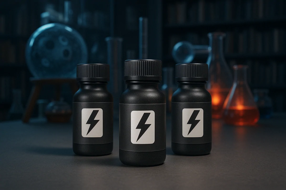 Ba chai poppers trong phòng thí nghiệm – biểu tượng cho cách tiếp cận poppers dựa trên kiến thức khoa học và thực nghiệm.