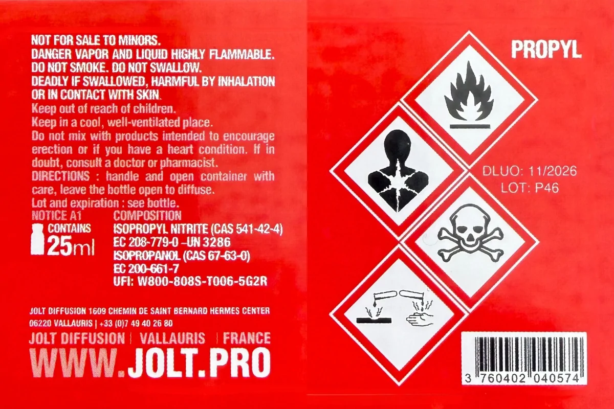 Label các chai poppers của Jolt với công thức chung là Propyl