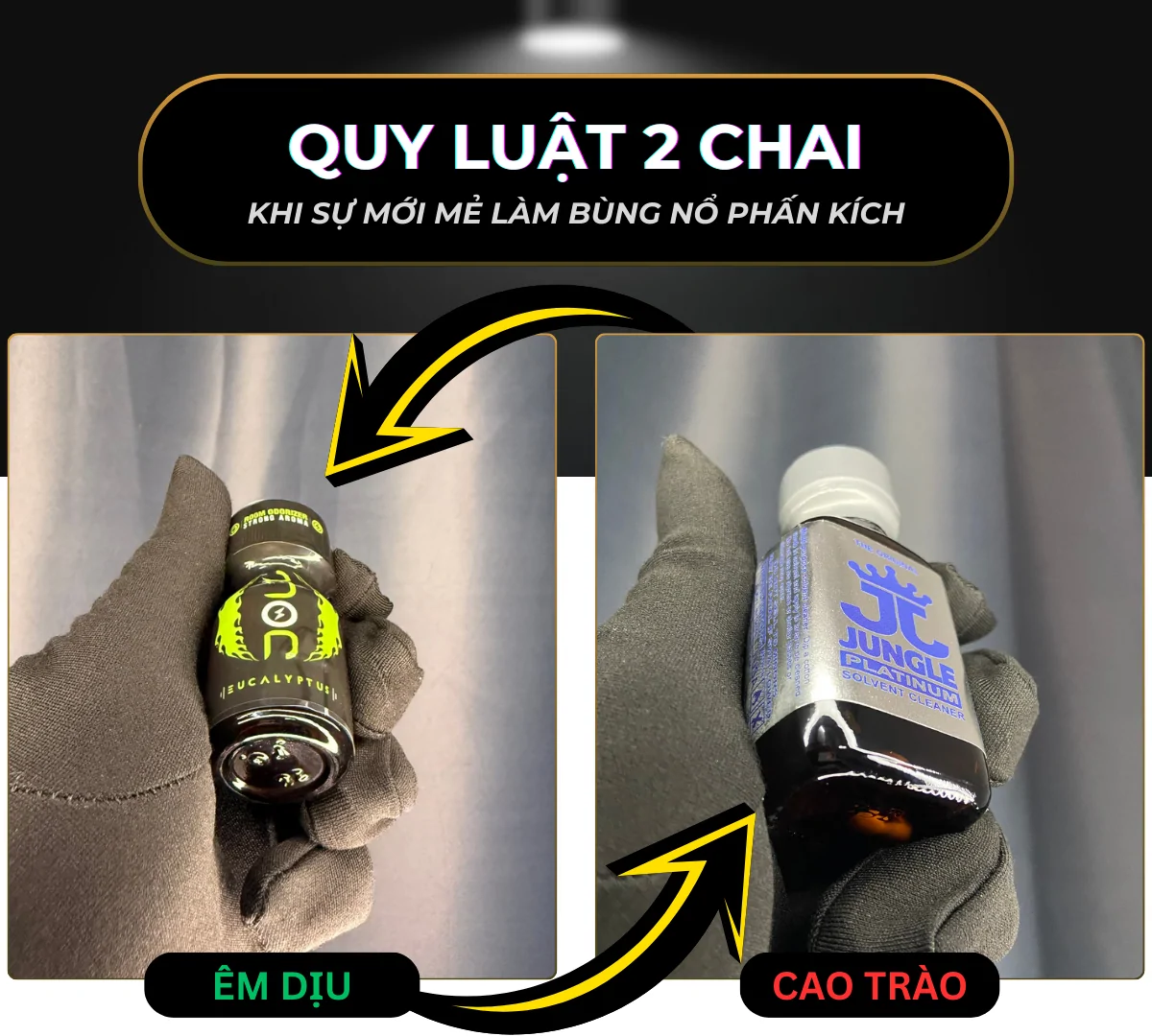 Hình ảnh 2 chai popper Jolt Eucalyptus 10ml và Jungle Platinum 30ml. Minh hoạ cho việc thay đổi luân phiên sản phẩm để hạn chế bị lờn.