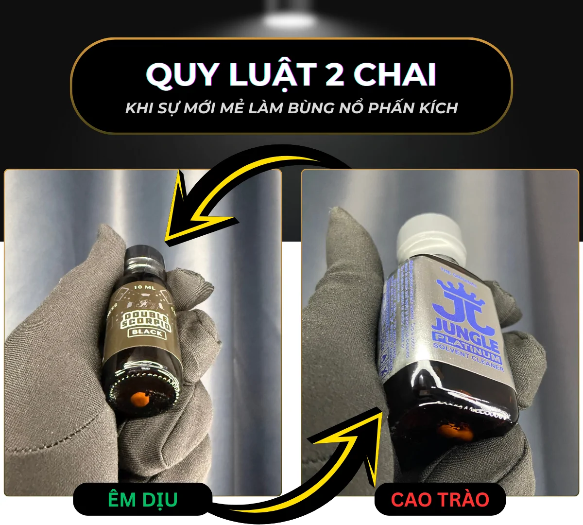 Hình ảnh là 2 chai popper DS Black (mùi hương trầm) và Jungle Platinum 30ml (tạo cảm giác bốc mạnh) minh hoạ cho việc thường xuyên đổi mới trải nghiệm