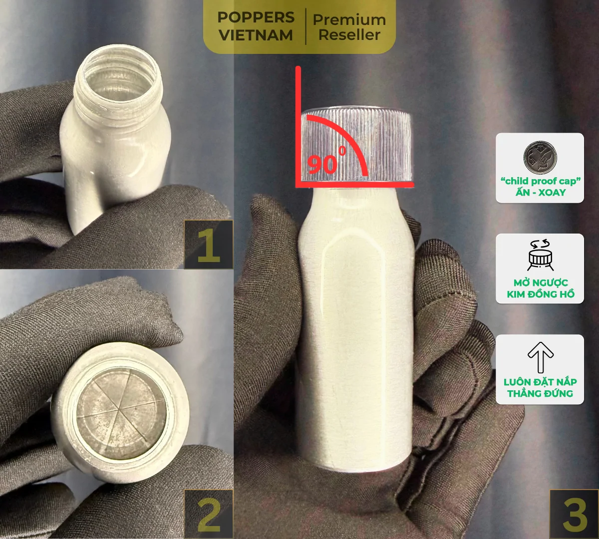 Hình ảnh cận cảnh gốc chụp của chai popper nhôm - Pháp: Thân chai sắc bén & Nắp chai đặt thẳng 90 độ so với cổ chai.