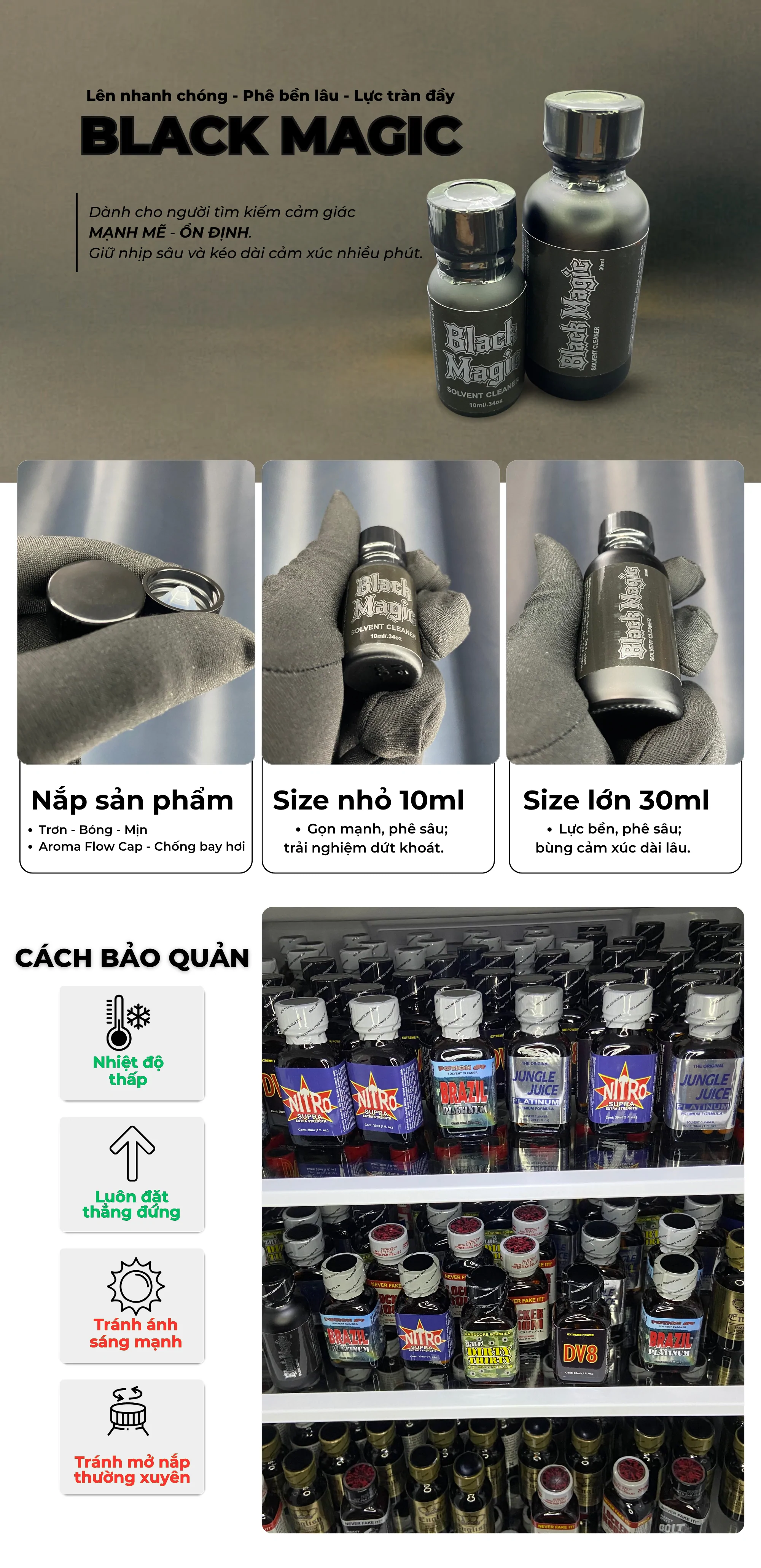 Ảnh mô tả poppers Black Magic chính hãng, thiết kế mạnh mẽ, lực lên nhanh, phê sâu, bền bỉ; gồm size 10ml và 30ml, nắp cao cấp chống bay hơi, hướng dẫn bảo quản an toàn.