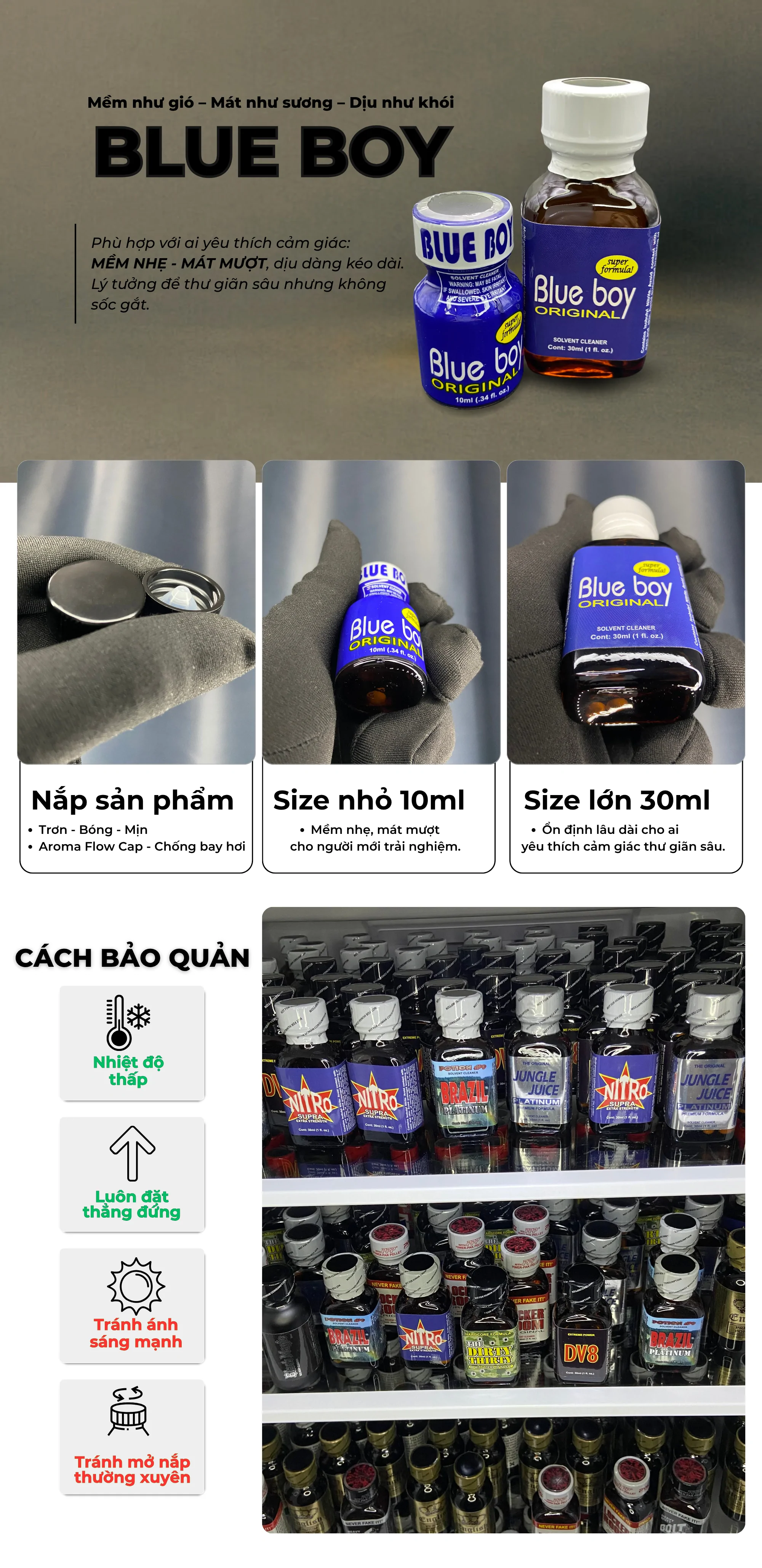Poppers Blue Boy chính hãng USA dung tích 10ml và 30ml, thiết kế nắp Aroma Flow Cap chống bay hơi, mùi thơm dịu nhẹ, phê mượt mà dễ chịu. Hướng dẫn bảo quản poppers đúng cách.